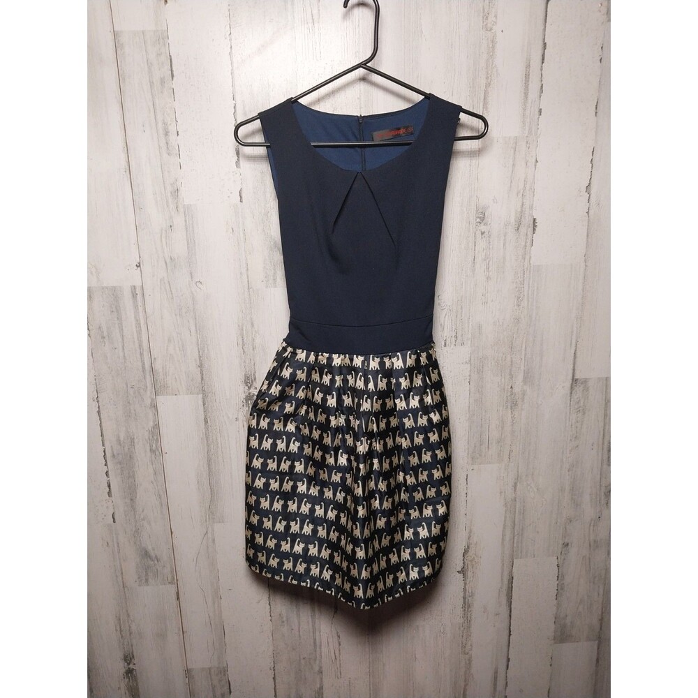 SM Wardrobe Navy Blue Cat Print Fit And Flare Dress Small